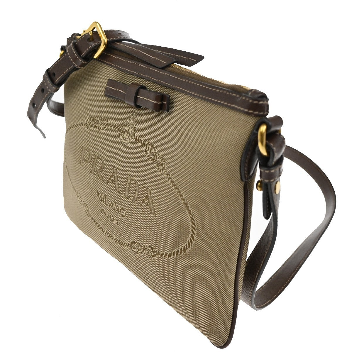 Prada Logo Double Zip Crossbody Bag Canvas, BROWN, CANVAS, Shoulder bag