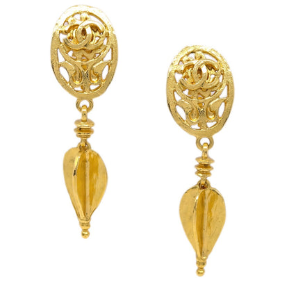 Chanel CC Oval Tag Drop Hoop Earrings Metal, GOLD, GOLD_PLATED, Earrings