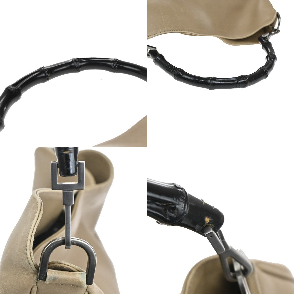 Gucci Vintage Bamboo Handle Open Hobo Leather, BEIGE, LEATHER, Handbag