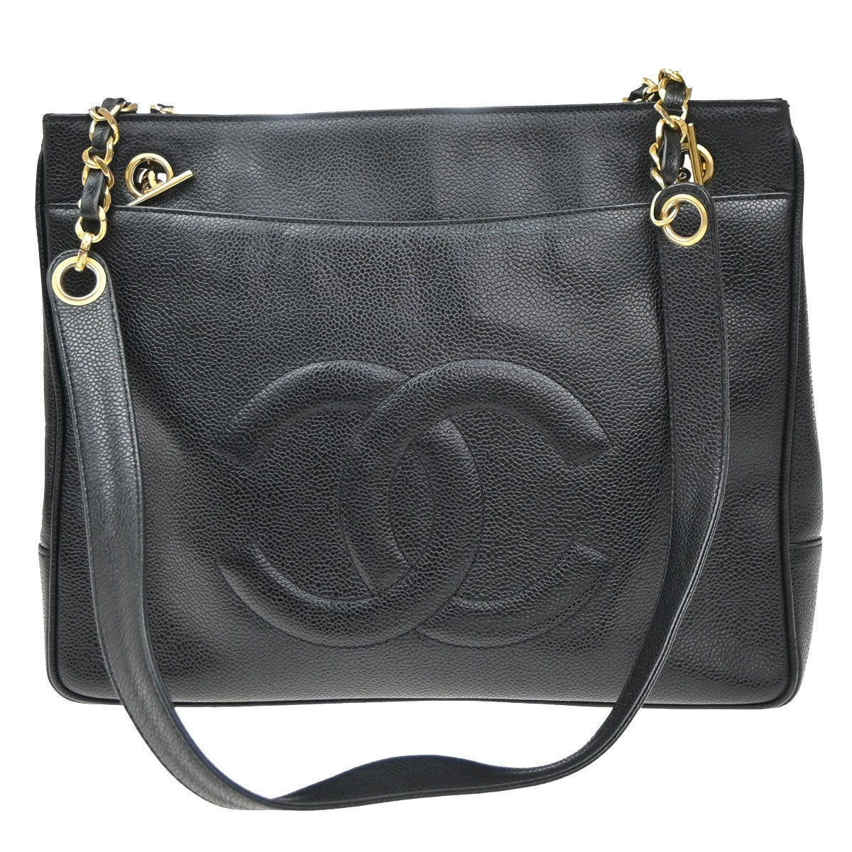 Chanel Vintage Front Pocket Shoulder Bag Leather, BLACK, CALFSKIN, Shoulder bag