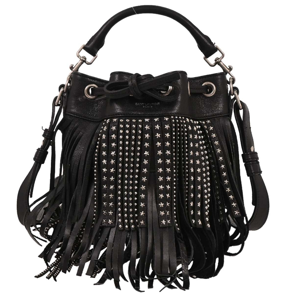 Saint Laurent Fringe Emmanuelle Bucket Bag Studded Leather, BLACK, LEATHER, Shoulder bag