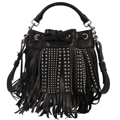 Saint Laurent Fringe Emmanuelle Bucket Bag Studded Leather, BLACK, LEATHER, Shoulder bag