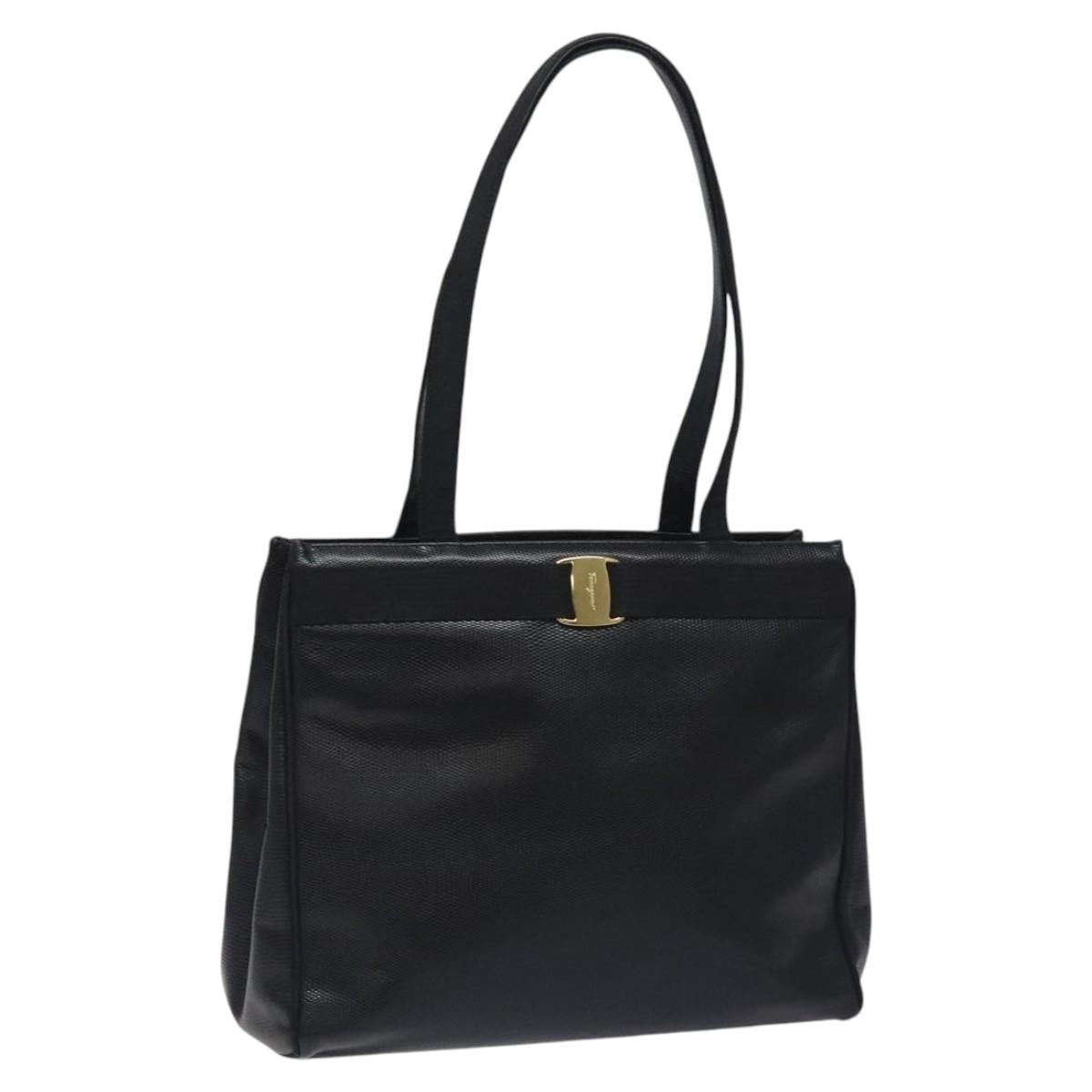 Salvatore Ferragamo Vintage Vara Bow Tote Lizard Embossed Leather, BLACK, LEATHER, Tote bag