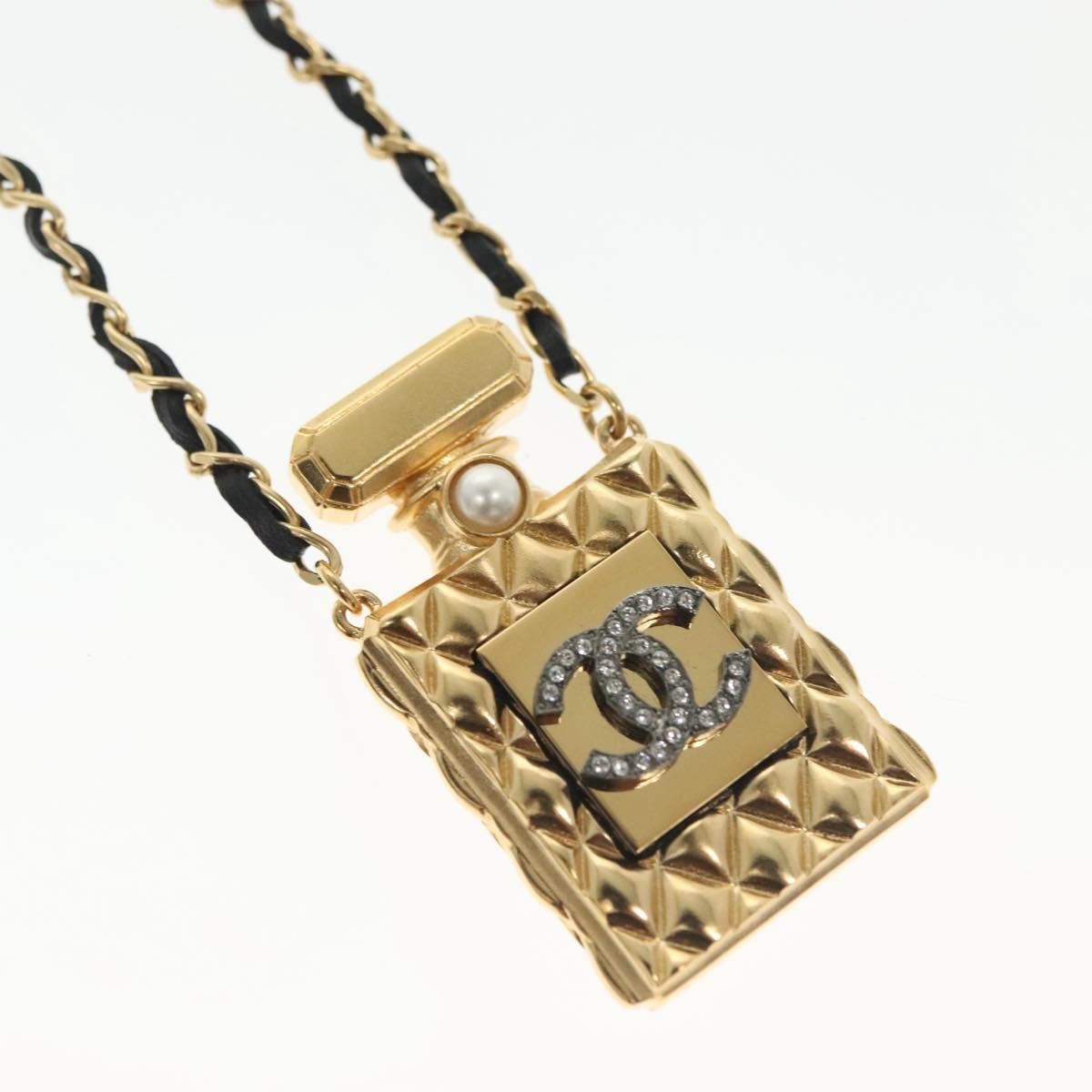 "Chanel CC Perfume Bottle Pendant Chain Long Necklace Metal with Leather, Crystals and Faux Pearl", GOLD, METAL, Necklace