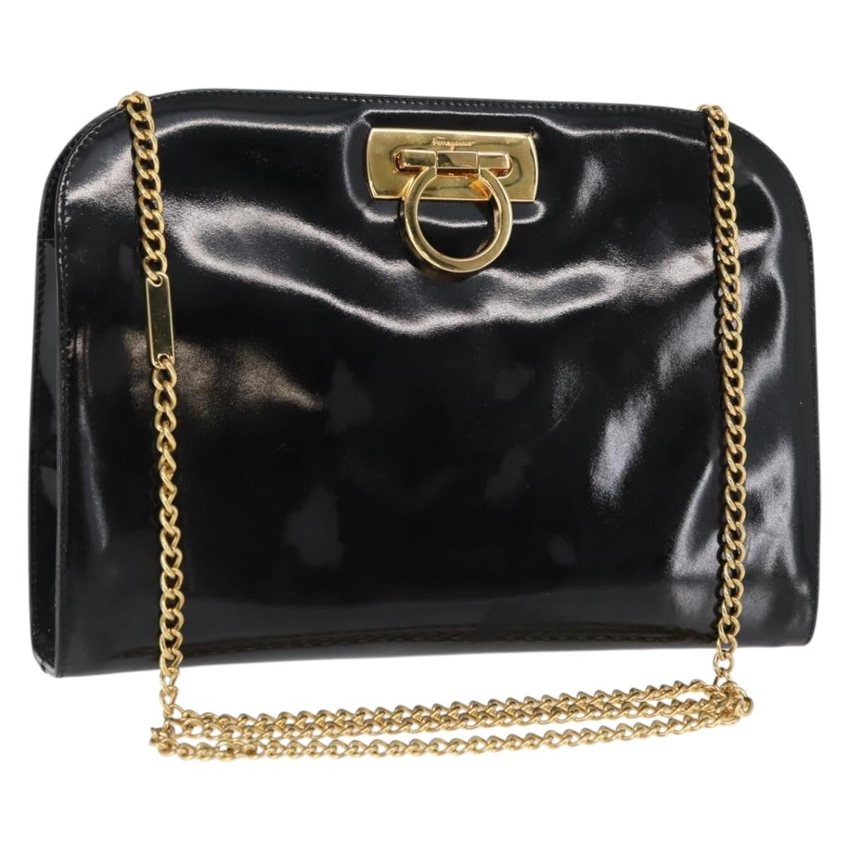 Salvatore Ferragamo Vintage Gancini Chain Shoulder Bag Patent Leather, BLACK, PATENT_LEATHER, Shoulder bag