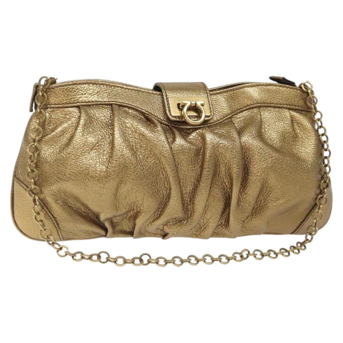 Salvatore Ferragamo Gancini Chain Clutch bag Leather, GOLD, LEATHER, Clutche & pouche