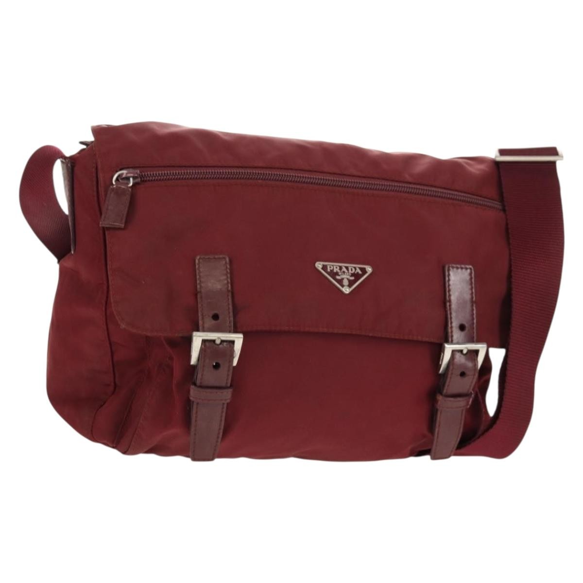 Prada Double Buckle Flap Messenger Bag Tessuto, BURGUNDY, NYLON, Shoulder bag