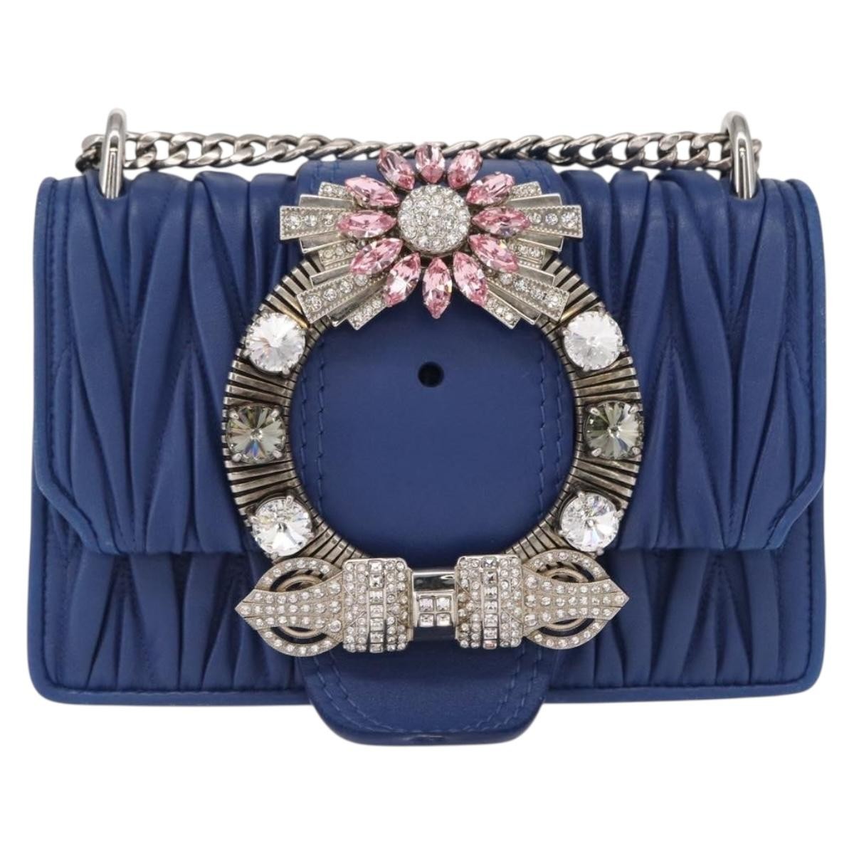 Miu Miu Madras Crystal Buckle Shoulder Bag Leather, Blue, Leather, Shoulder Bag