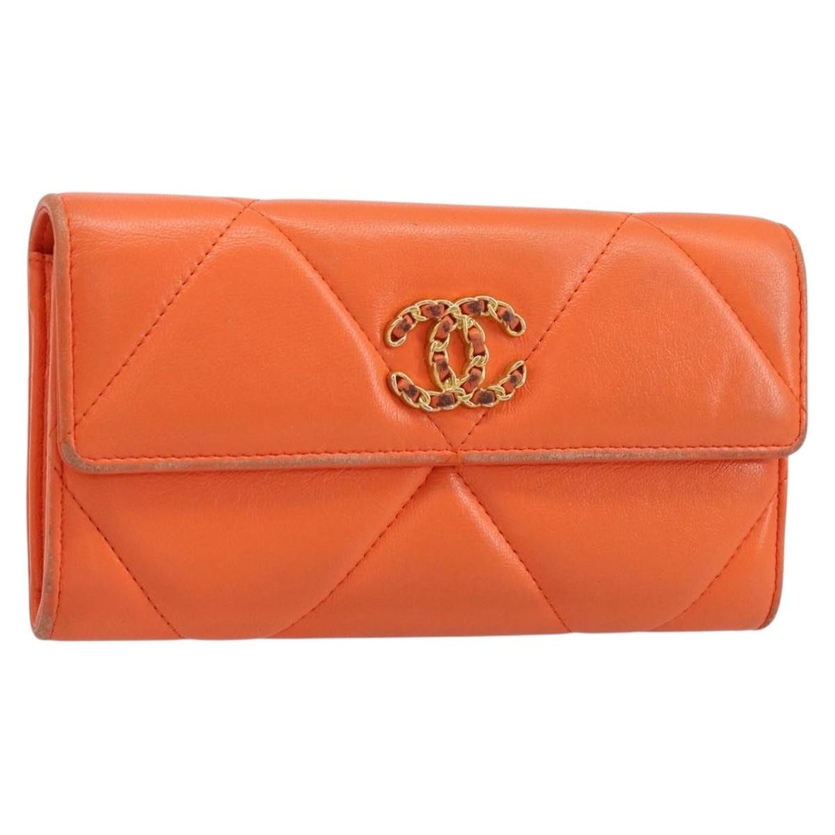 Chanel 19 Flap Wallet Quilted Lambskin, ORANGE, LEATHER, Wallets