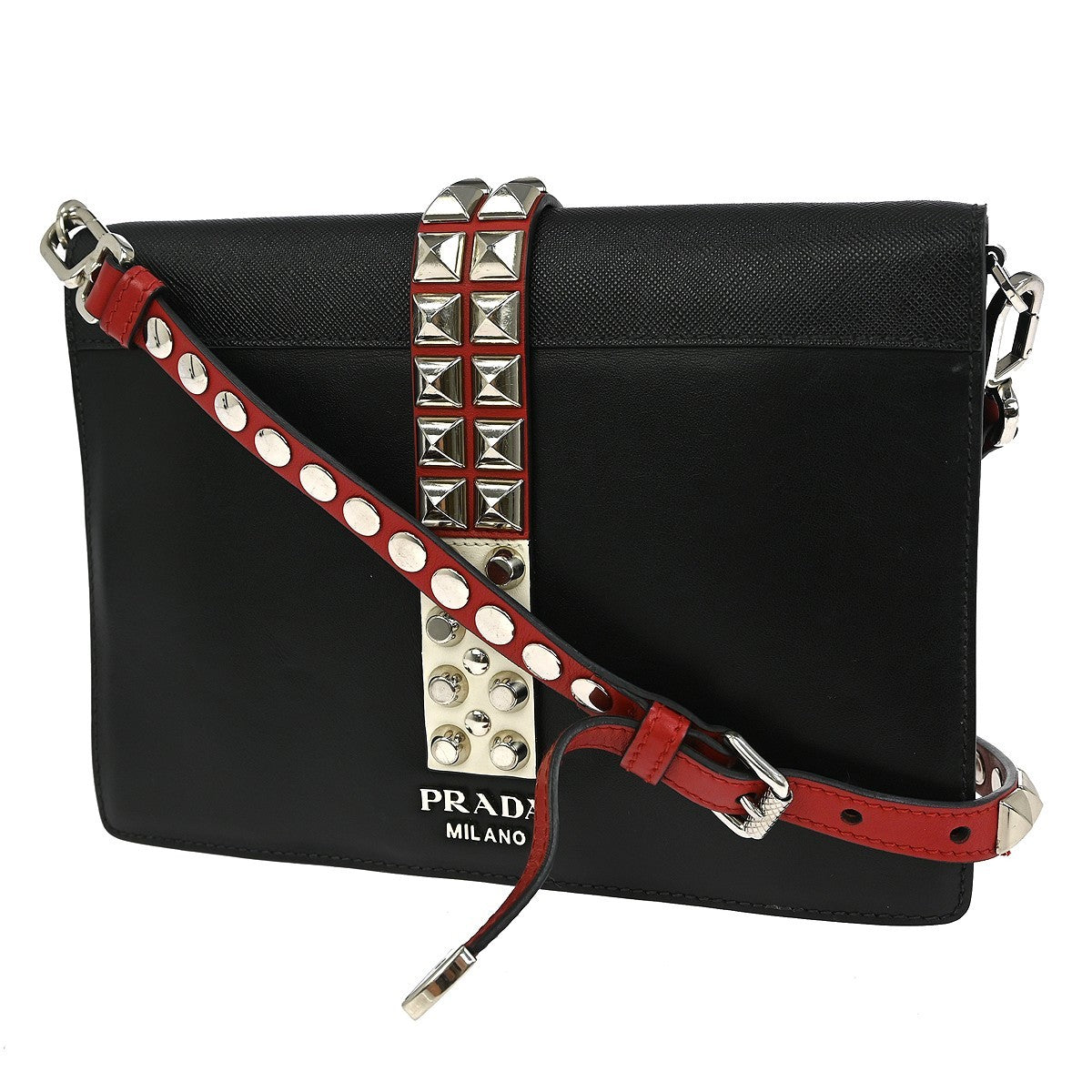 Prada Elektra Shoulder Bag Studded Leather, BLACK, LEATHER, Shoulder bag