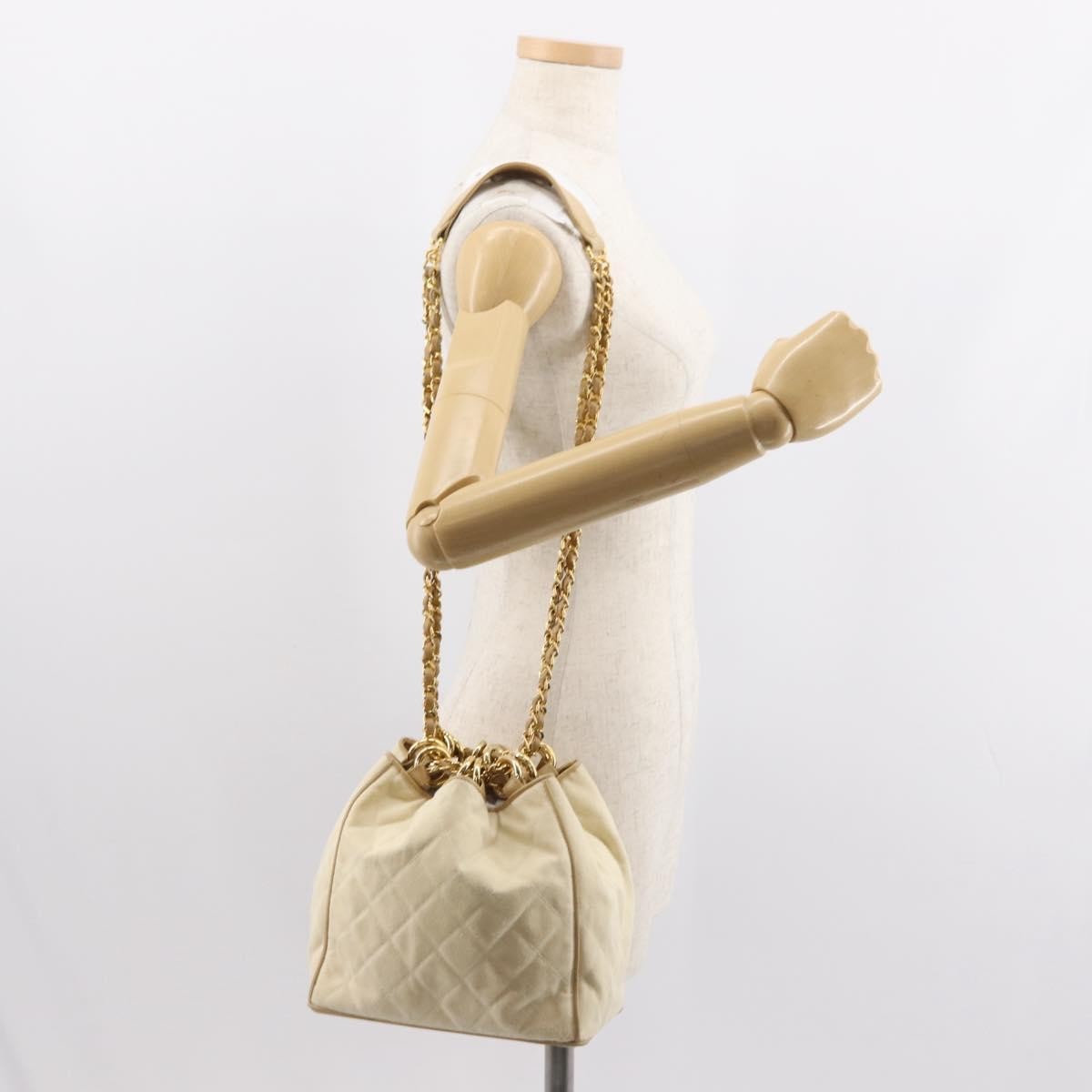 Chanel Vintage Drawstring Chain Bucket Bag Quilted Canvas, BEIGE, CANVAS, Shoulder bag