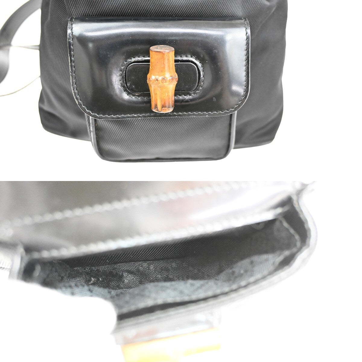 Gucci Vintage Bamboo Backpack Nylon and Patent Leather, BLACK, NYLON, Backpack