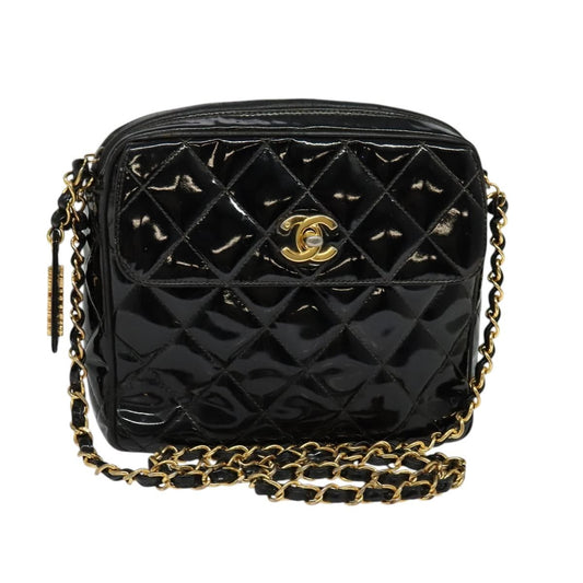 Chanel Vintage Square Front Pocket Camera Bag Quilted Patent, BLACK, LEATHER, Crossbody bag