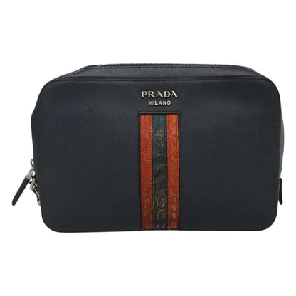 Prada Zip Pochette Saffiano Leather, NAVY, LEATHER, Clutche & pouche