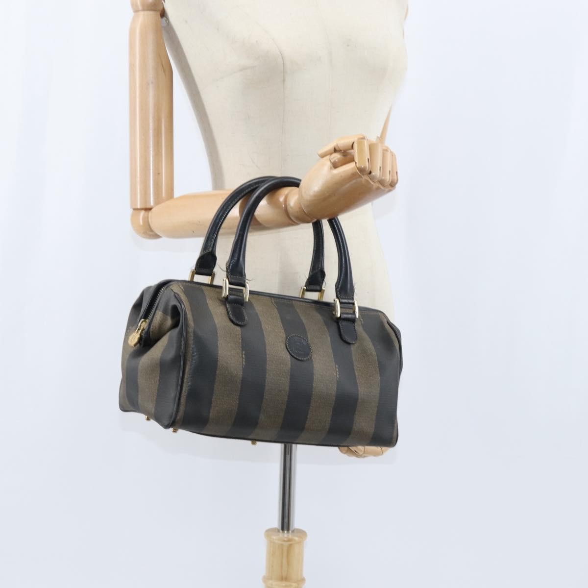 Fendi Vintage Pequin Boston Bag Coated Canvas, BROWN, CANVAS, Handbag