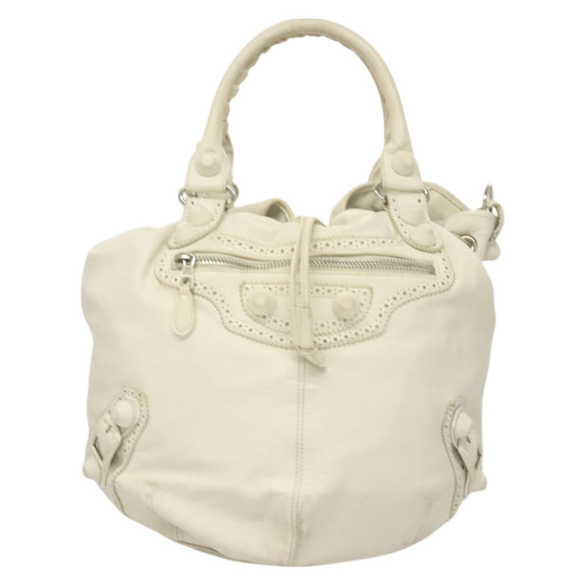 Balenciaga Pom Pon Giant Studs Bag Leather, WHITE, LEATHER, Handbag