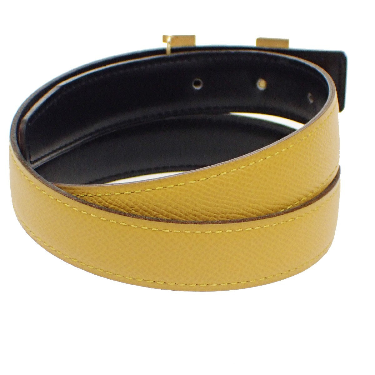 Hermes Constance Reversible Belt Leather, YELLOW, LEATHER, Belts
