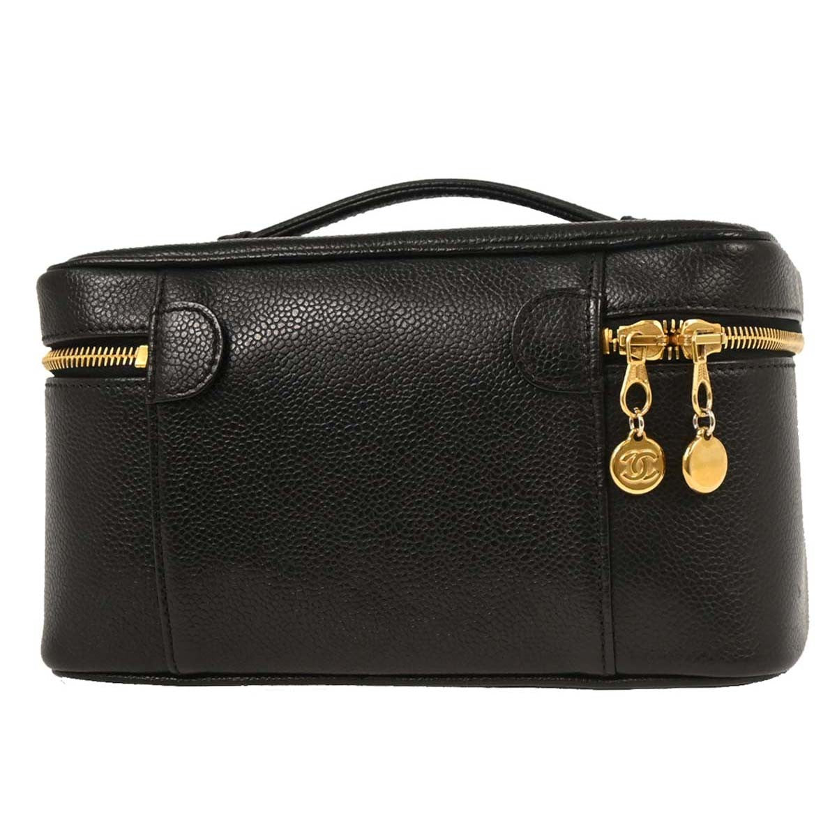 Chanel Vintage Timeless Cosmetic Case with Mirror Caviar, BLACK, LEATHER, Clutche & pouche