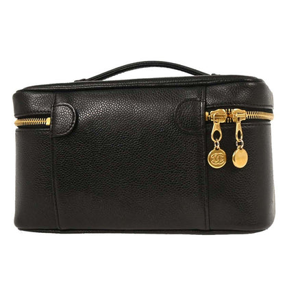Chanel Vintage Timeless Cosmetic Case with Mirror Caviar, BLACK, LEATHER, Clutche & pouche