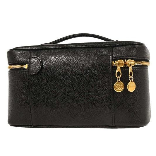Chanel Vintage Timeless Cosmetic Case with Mirror Caviar, BLACK, LEATHER, Clutche & pouche