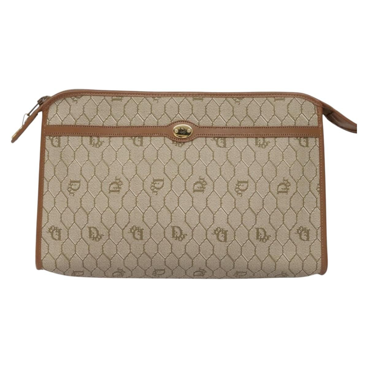 Christian Dior Vintage Honeycomb Zip Pouch Coated Canvas, BEIGE, PVC, Clutche & pouche