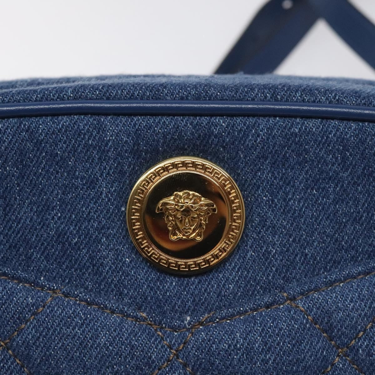 Versace Medusa Icon Front Slip Pocket Camera Bag Quilted Denim, BLUE, DENIM_JEANS, Crossbody bag