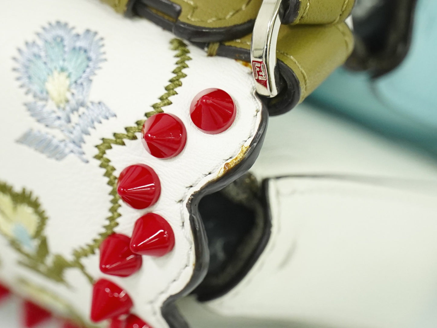 Fendi Double Baguette Embroidered Studded Leather, WHITE, LEATHER, Shoulder bag