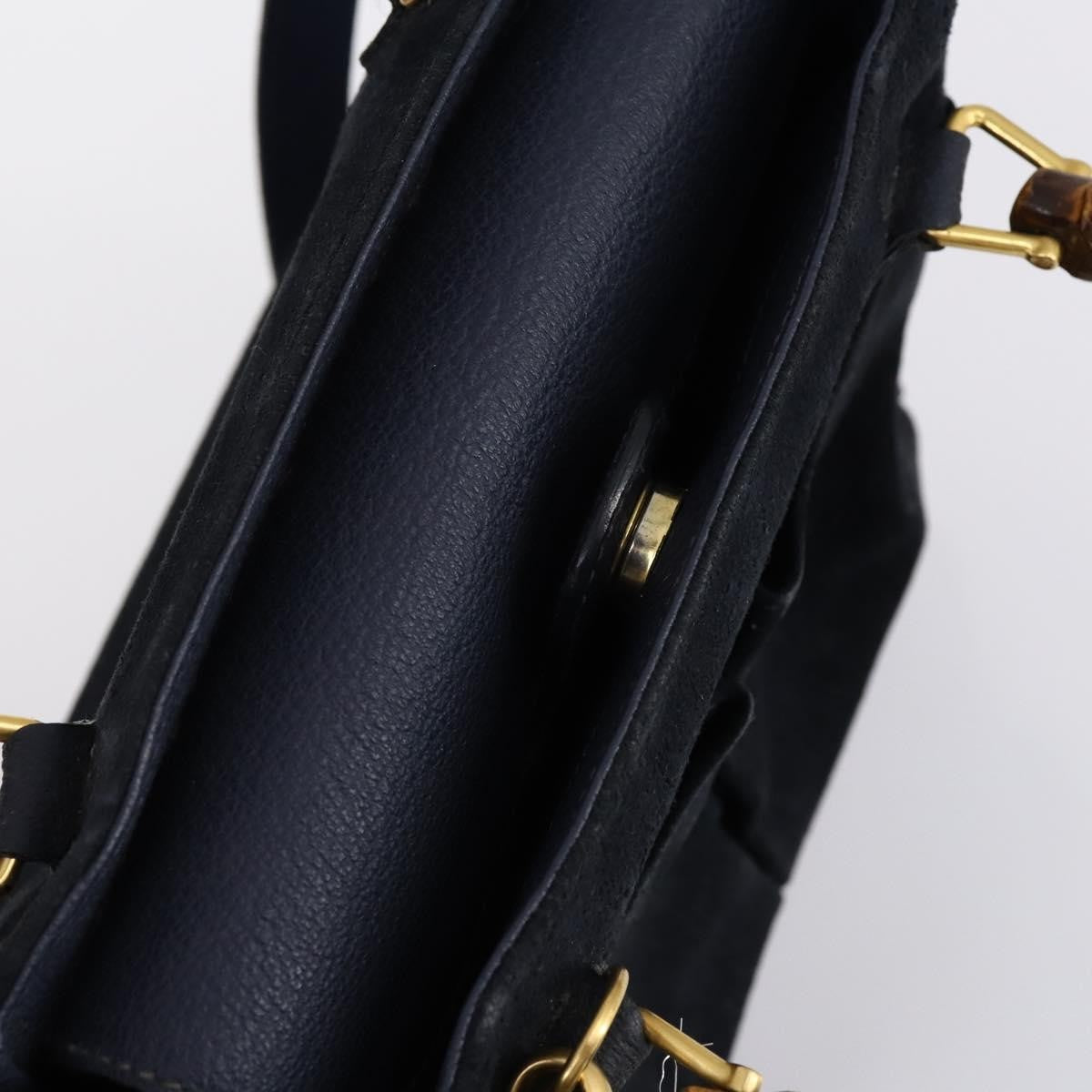 Gucci Vintage Bamboo Front Pocket Tote Suede, NAVY, SUEDE, Handbag