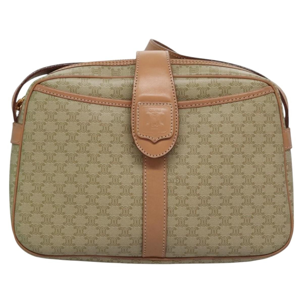 Celine Vintage Macadam Shoulder Bag Canvas and Leather, BEIGE, CANVAS, Shoulder bag