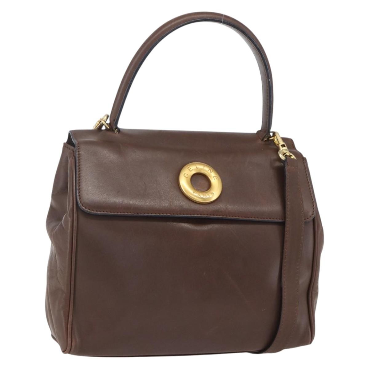 Celine Circle Logo Handbag Leather, BROWN, LEATHER, Handbag