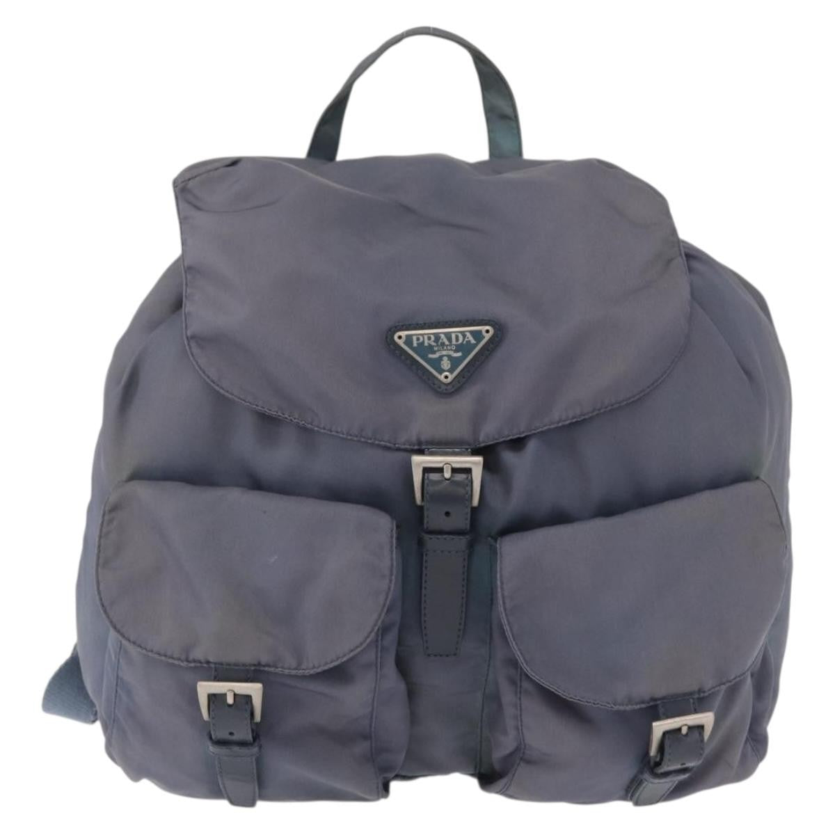 Prada Vela Double Front Pocket Backpack Tessuto with Saffiano Leather, BLUE, NYLON, Backpack