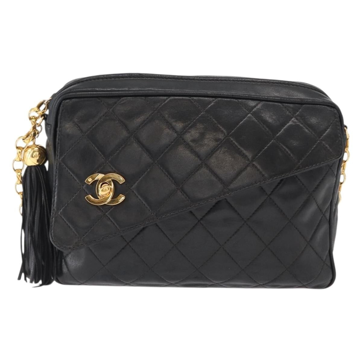 Chanel CC Chain & Tassel Front Pocket Camera Bag Quilted Lambskin, BLACK, LEATHER, Shoulder bag