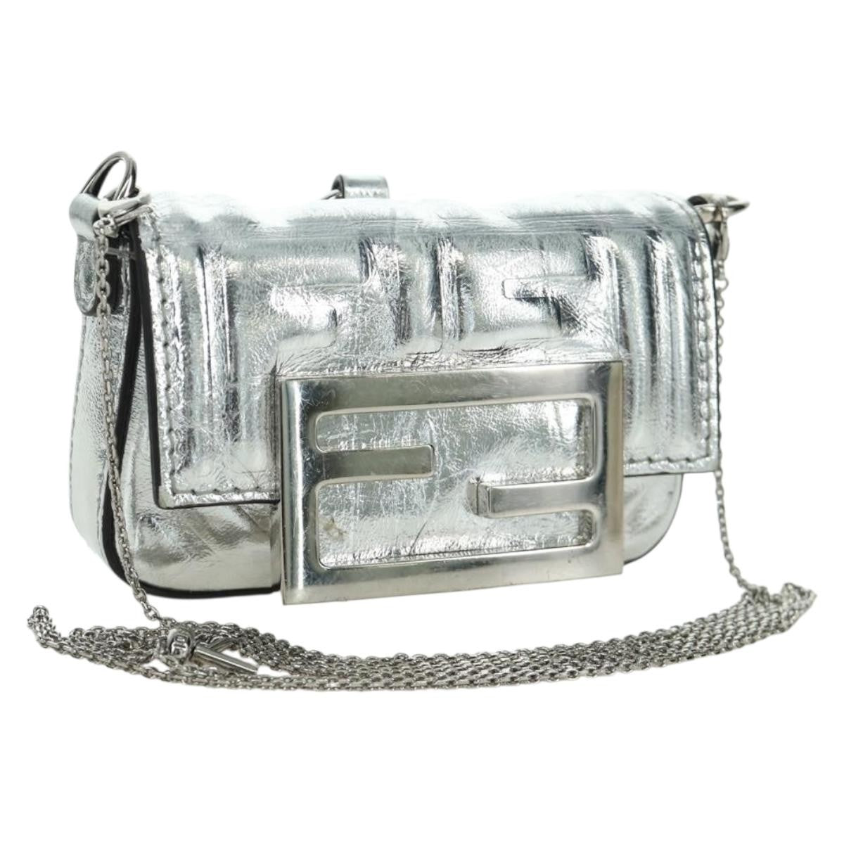 Fendi Chain Baguette Charm Bag Zucca Embossed Leather, Silver, Canvas, Clutch
