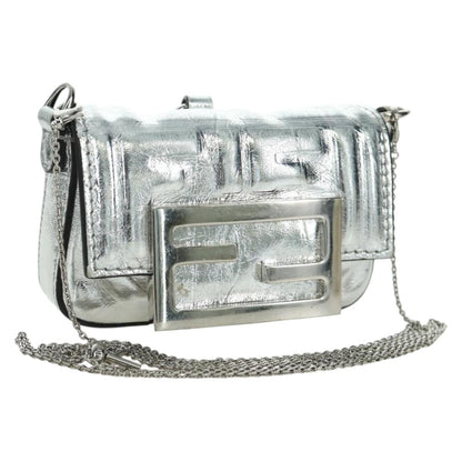 Fendi Chain Baguette Charm Bag Zucca Embossed Leather, Silver, Canvas, Clutch