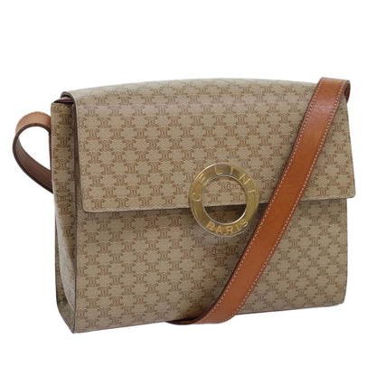 Celine Vintage Macadam Circle Logo Shoulder Bag Canvas and Leather, Beige, Canvas, Shoulder Bag