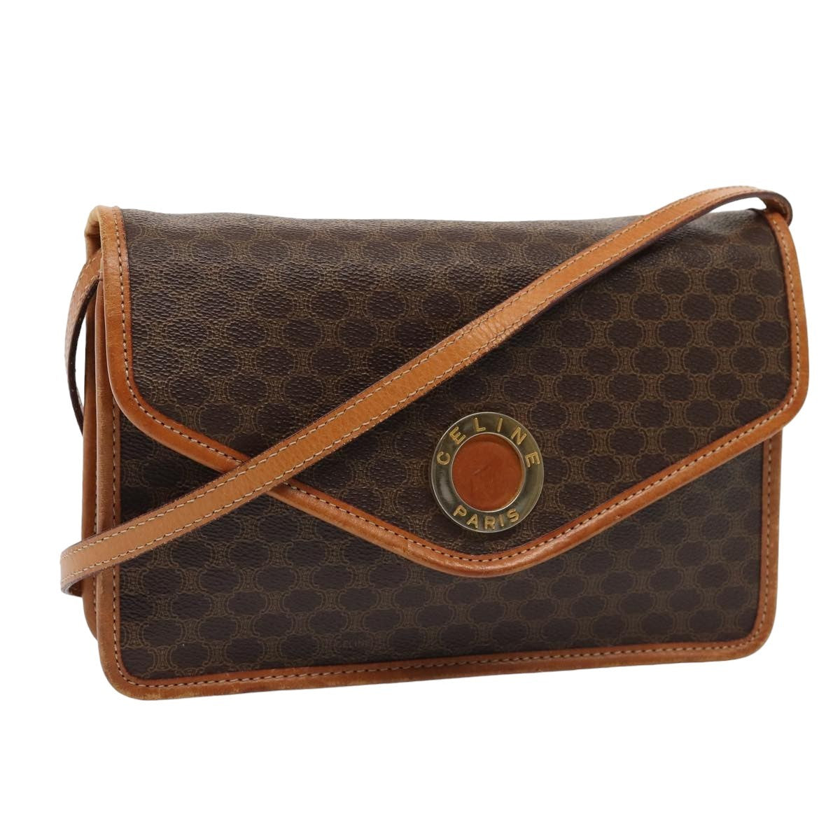 Celine Vintage Macadam Circle Logo Shoulder Bag Canvas and Leather, BROWN, CANVAS, Shoulder bag