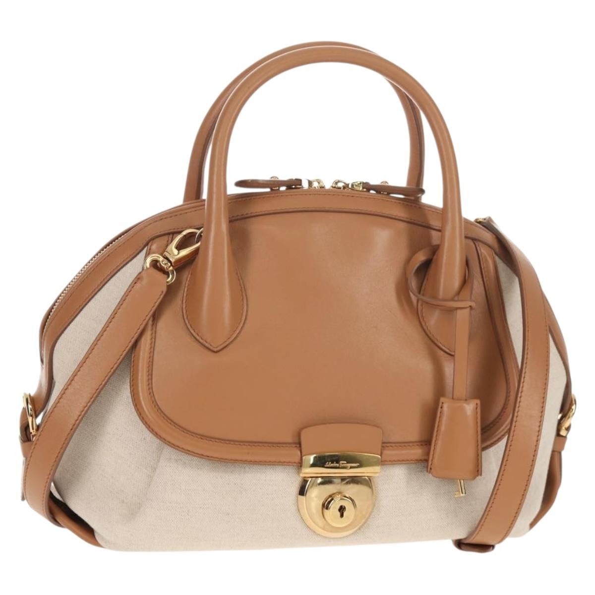 Salvatore Ferragamo Vintage Fiamma Satchel Canvas and Leather, BEIGE, CANVAS, Handbag