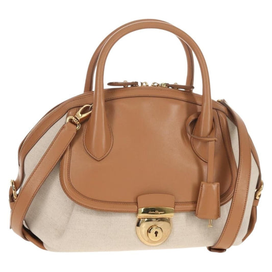 Salvatore Ferragamo Vintage Fiamma Satchel Canvas and Leather, BEIGE, CANVAS, Handbag