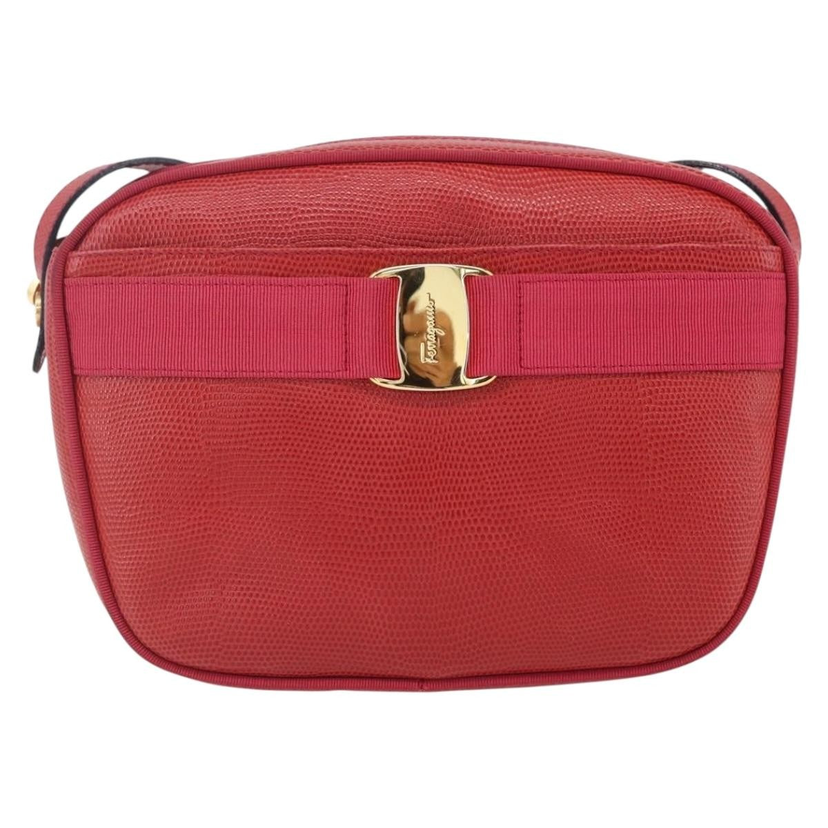 Salvatore Ferragamo Vala Shoulder Bag Embossed Leather, RED, LEATHER, Shoulder bag