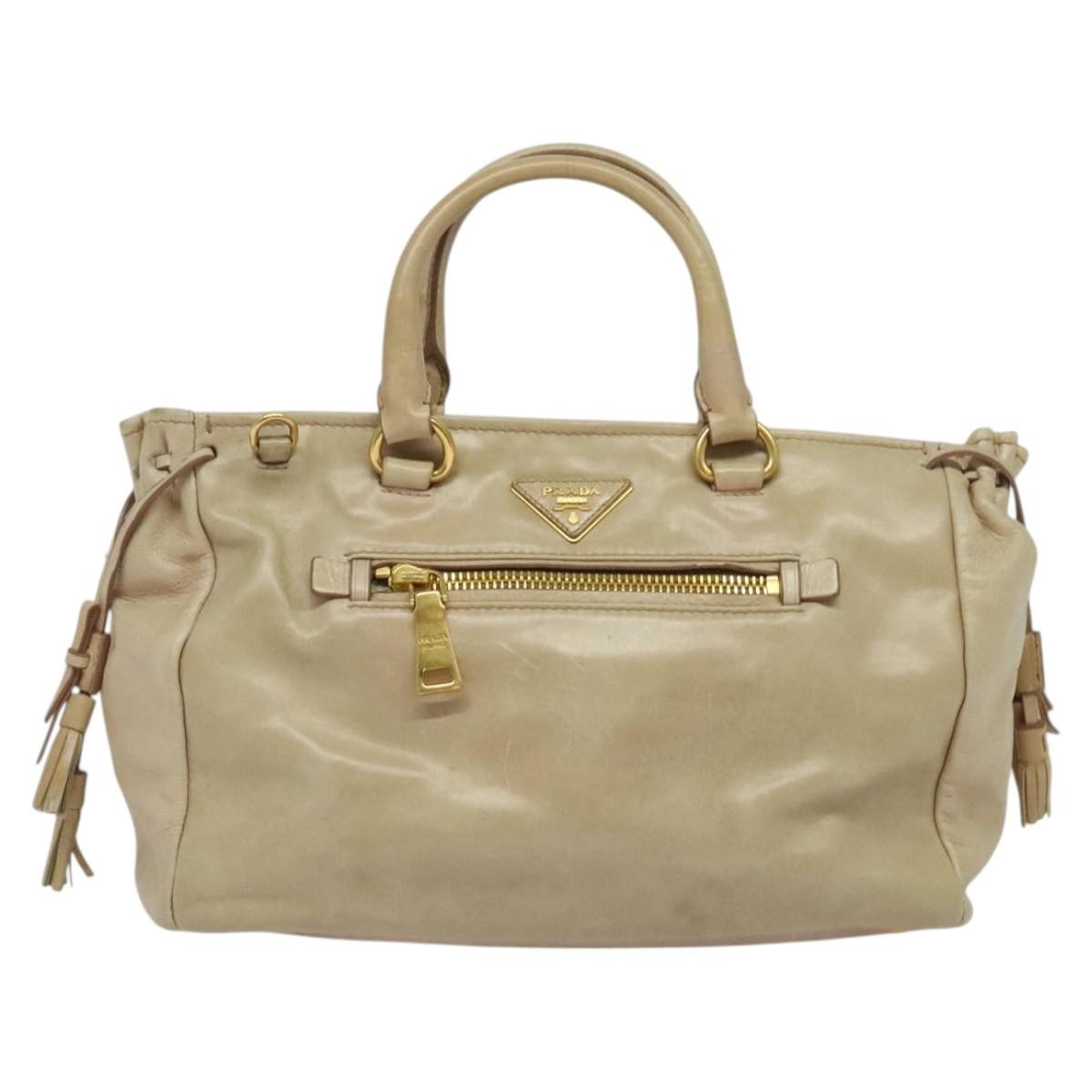Prada Front Pocket Convertible Tote Leather, BEIGE, LEATHER, Tote bag