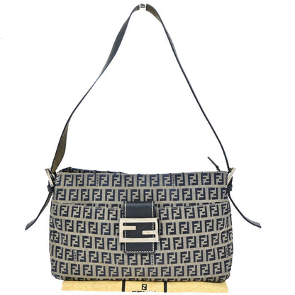 Fendi Vintage Flap Shoulder Bag Zucchino Canvas with Leather, NAVY, CANVAS, Shoulder bag