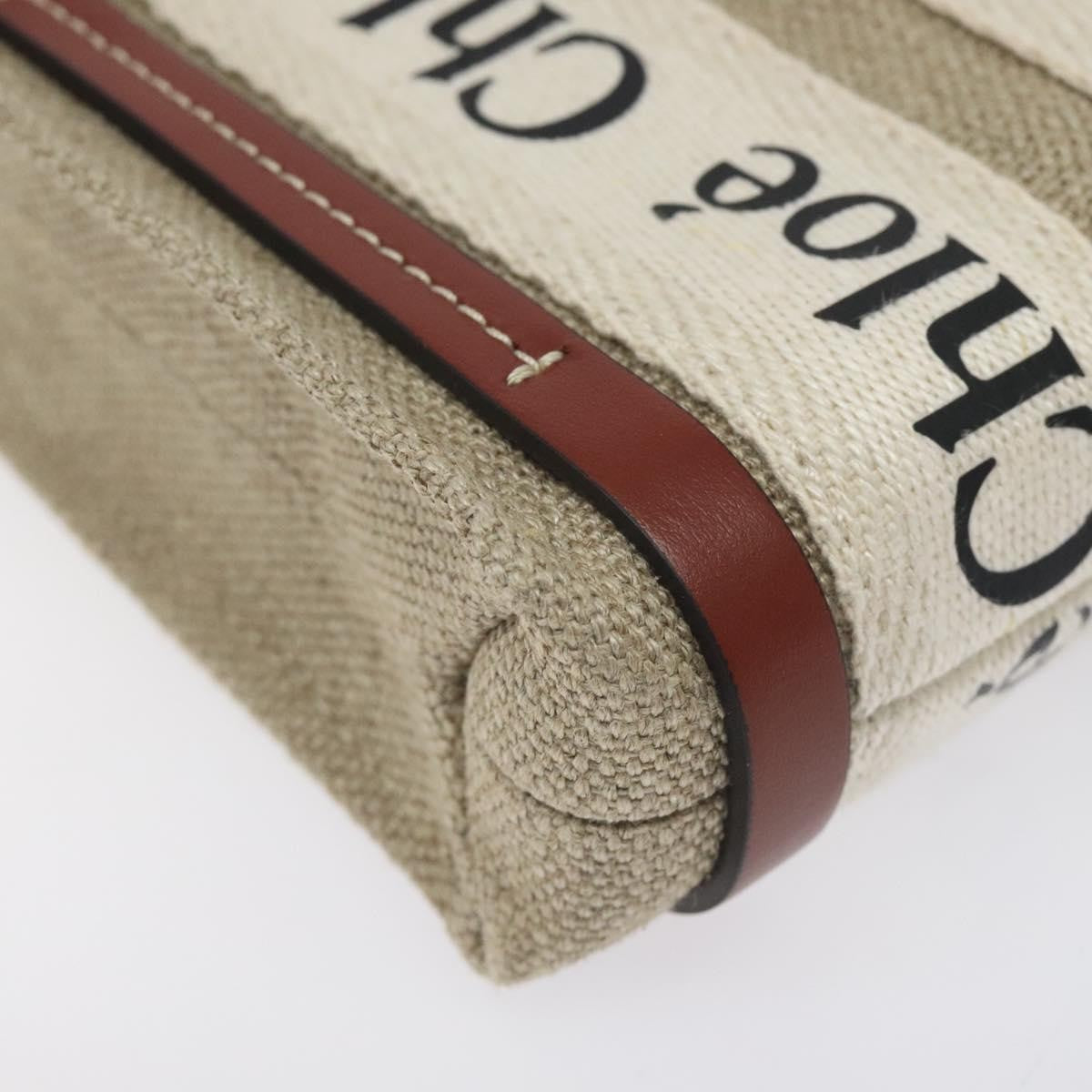 Chloe Woody Tote Canvas with Leather, BEIGE, CANVAS, Tote bag