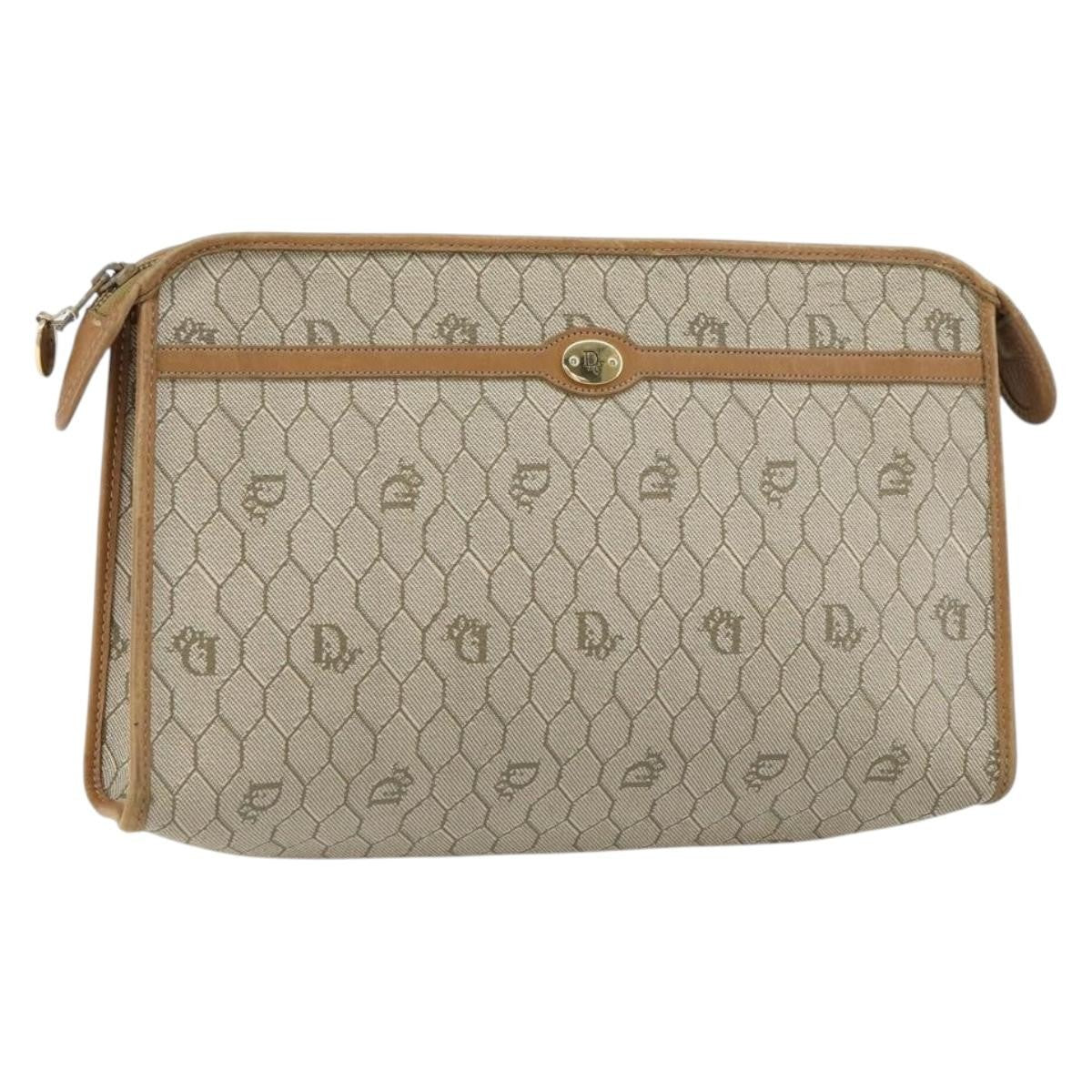 Christian Dior Vintage Honeycomb Zip Pouch Canvas and Leather, BEIGE, CANVAS, Clutche & pouche