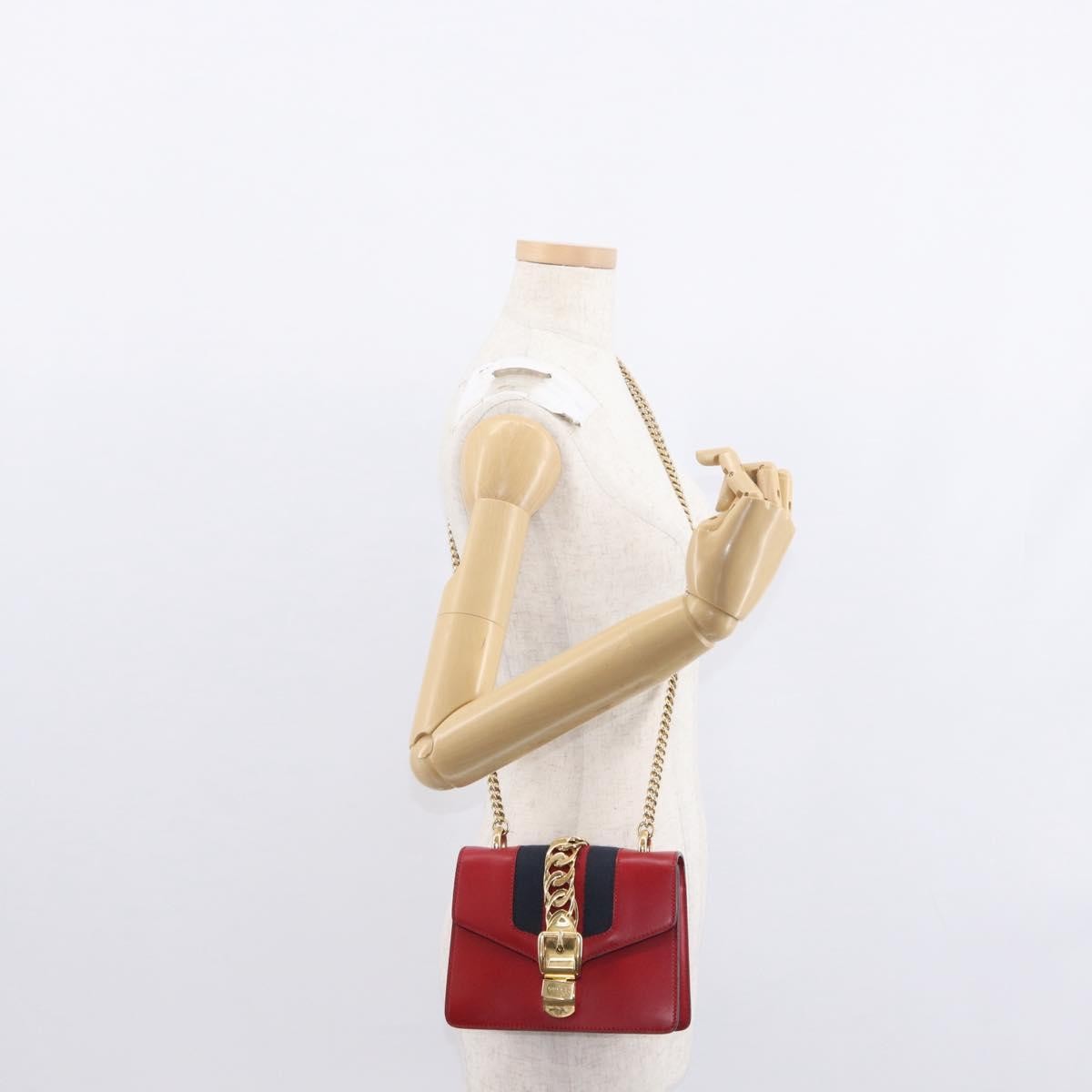 Gucci Sylvie Chain Shoulder Bag Leather, RED, LEATHER, Shoulder bag