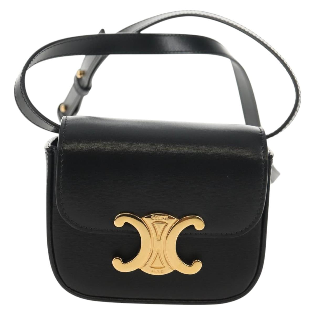 Celine Vintage Triomphe Shoulder Bag Leather, Black, Leather, Handbag