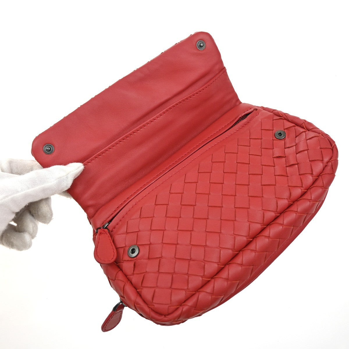 Bottega Veneta Expandable Chain Crossbody Bag Intrecciato Nappa, RED, LEATHER, Clutche & pouche