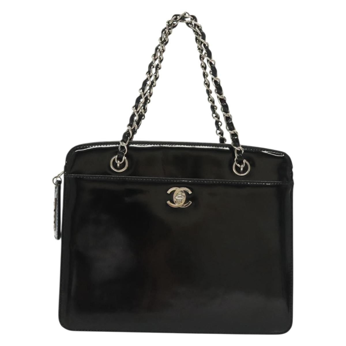 Chanel Vintage CC Lock Pocket Chain Tote Patent, BLACK, PATENT_LEATHER, Handbag