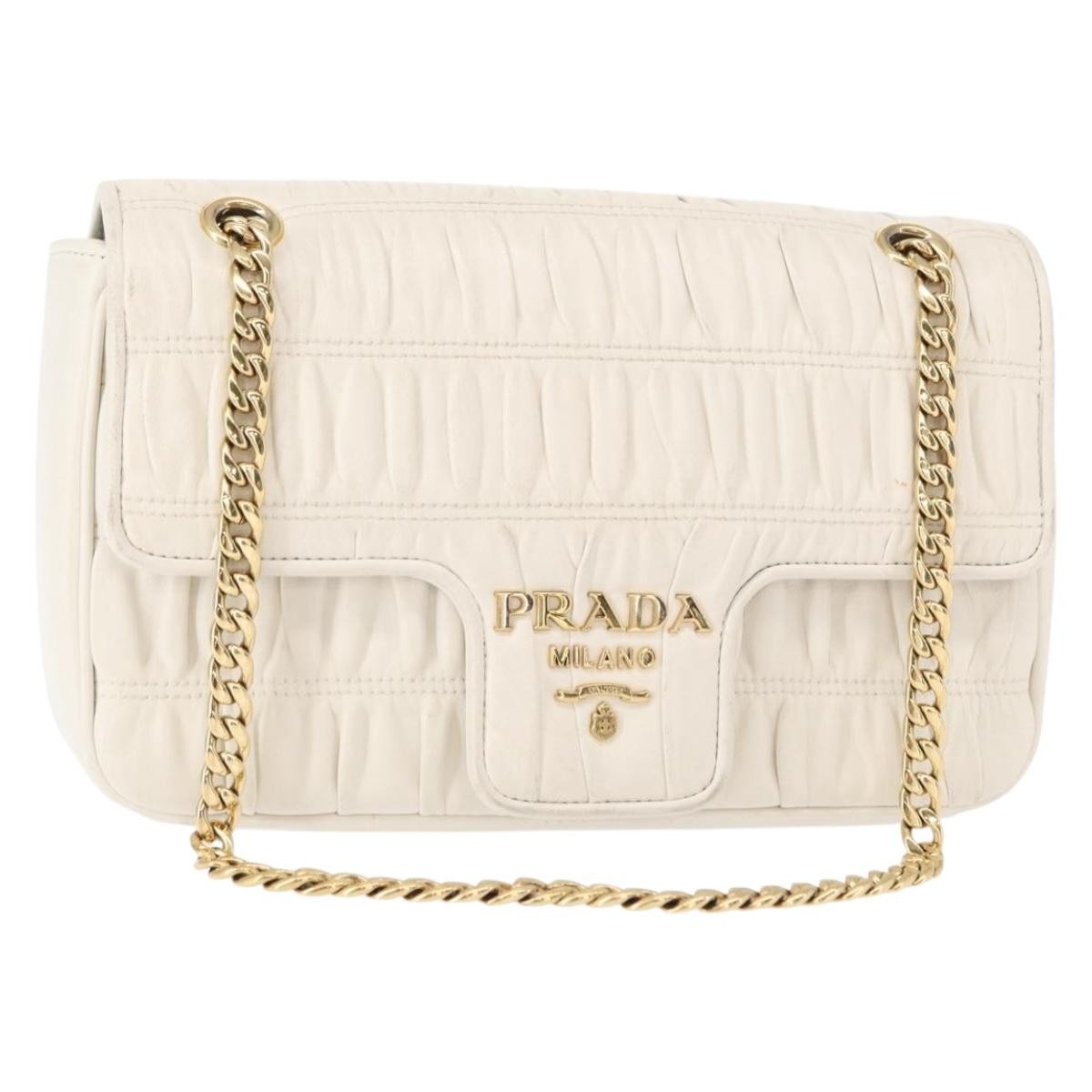 Prada Chain Flap Shoulder Bag Nappa Gaufre, WHITE, LEATHER, Shoulder bag