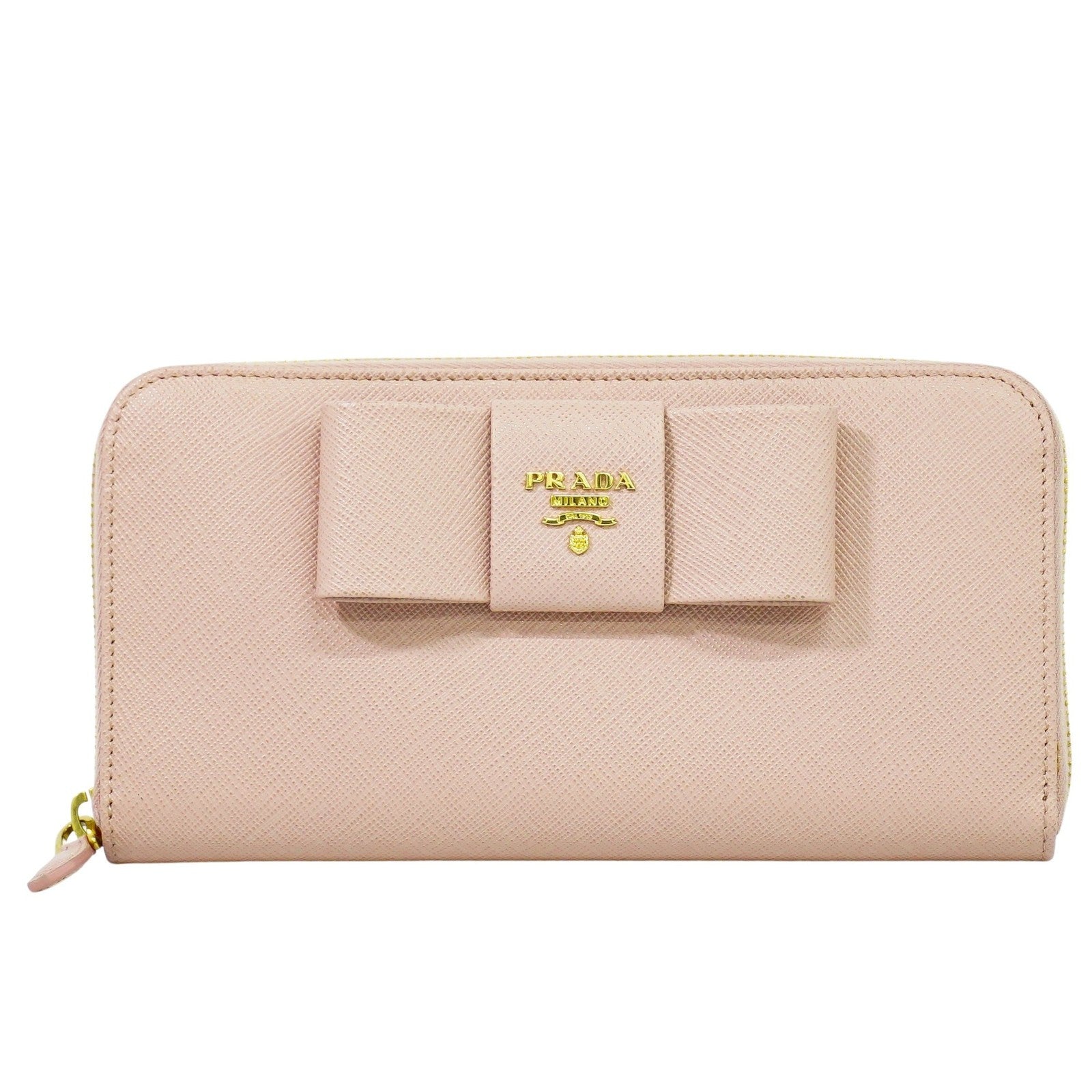 Prada Bow Zip Around Wallet Saffiano Leather, PINK, LEATHER, Wallets