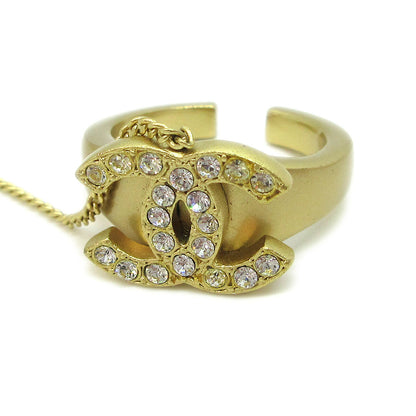 Chanel Logo Bangle with Chain Attached CC Ring Metal with Crystal, GOLD, GOLD_PLATED, Bracelet